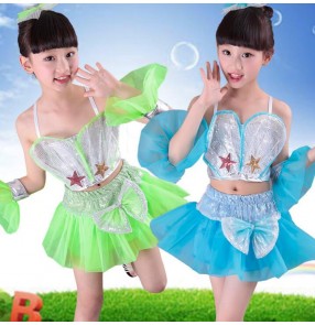Green blue patchwork girls kids child children toddlers modern dance jazz dance stage t show school play performance costumes dresses